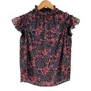 CeCe Top Size Small Ruffle Sleeve Collar Floral Print Short Sleeve